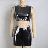 Metal color gilded solid color round neck sleeveless exposed navel and buttocks short skirt set