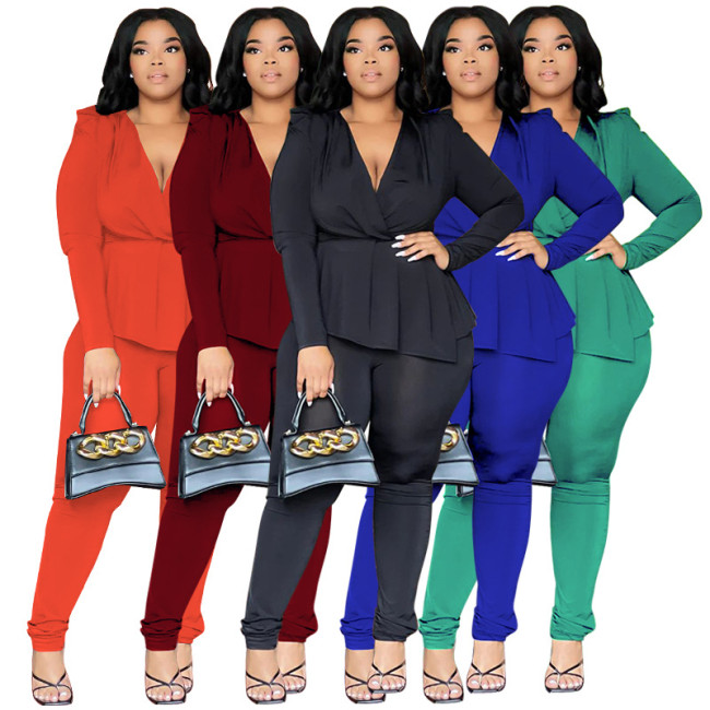 Large Women's Deep V-Neck Long Sleeve Pencil Pants Set