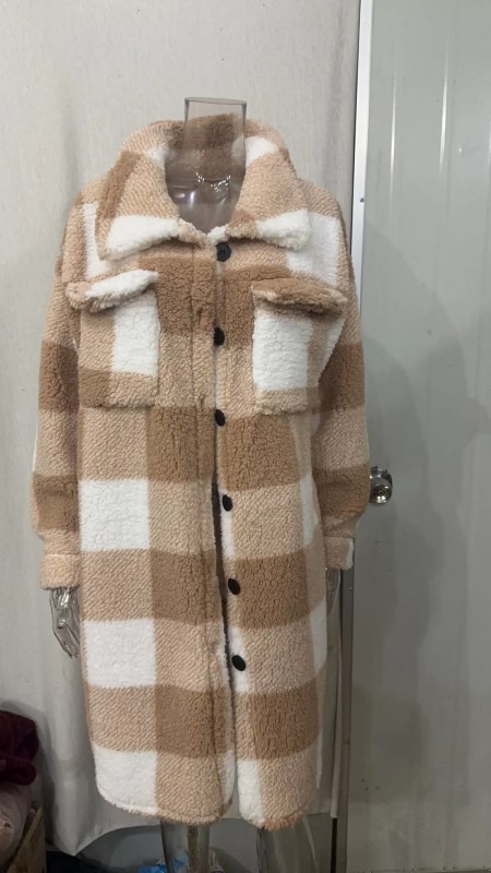 Open button lapel plush plaid coat loose length coat