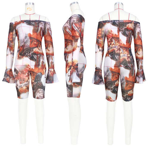 Sexy Transparent Mesh Printed Flare Sleeve Off Shoulder Jumpsuit