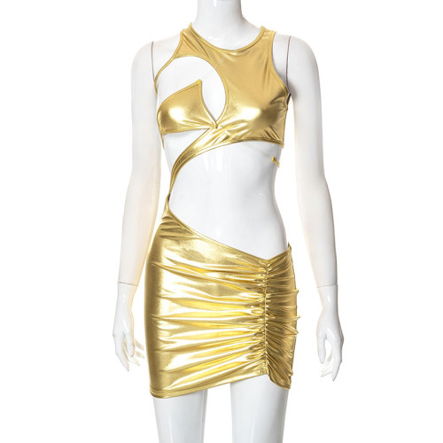 Open navel pleated irregular strap dress