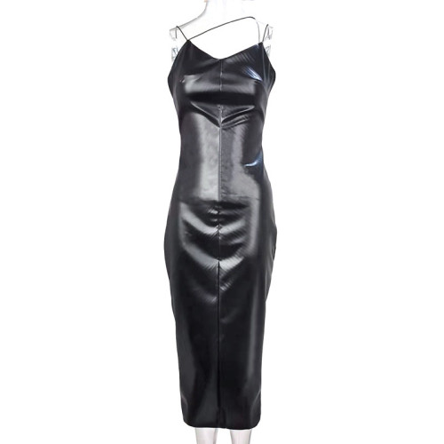 Slim waist with drawstring, buttocks wrapped and split PU dress