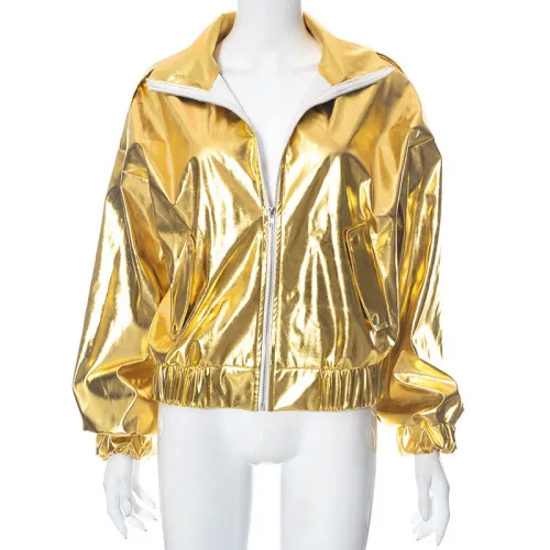 Casual Polo Neck Zipper Long Sleeve Pocket Bright Coat Top
