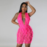 Wave pattern sexy deep V neck short wrap buttocks dress