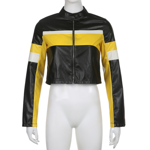 PU leather cardigan zippered short jacket with short jacket top