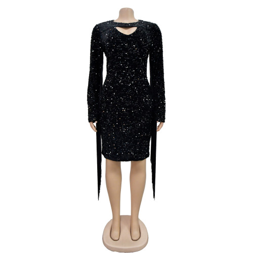 Women's solid color beaded fringe long sleeved short skirt dress