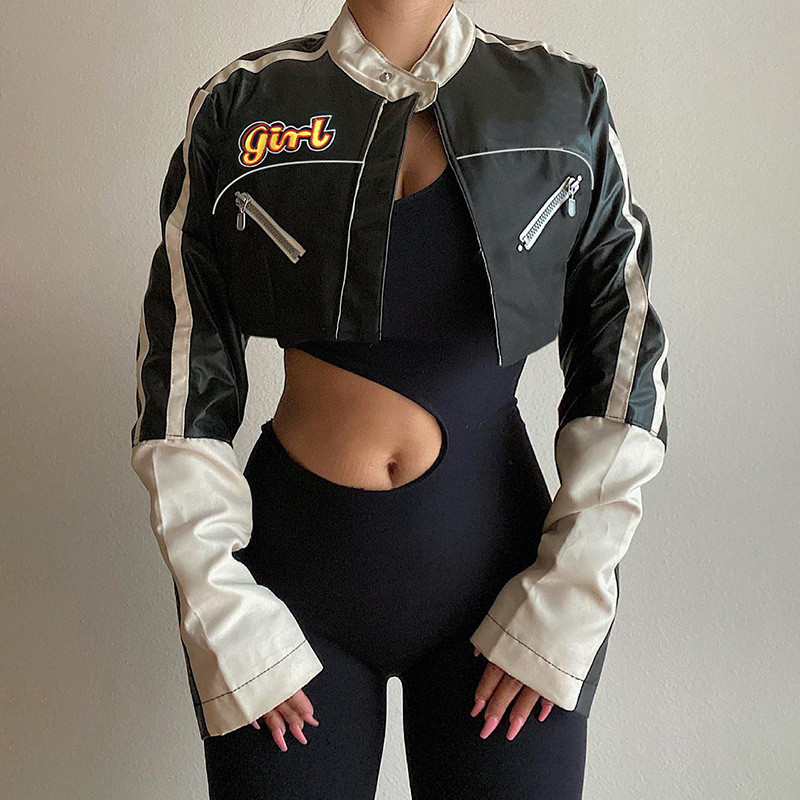 Short color matching motorcycle leather jacket