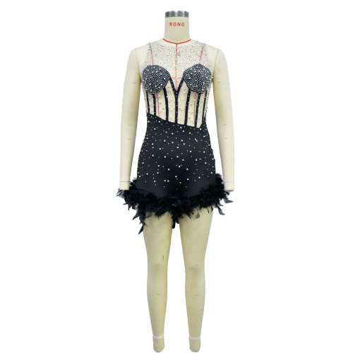 Women's solid color hot diamond sleeveless feather shorts jumpsuit