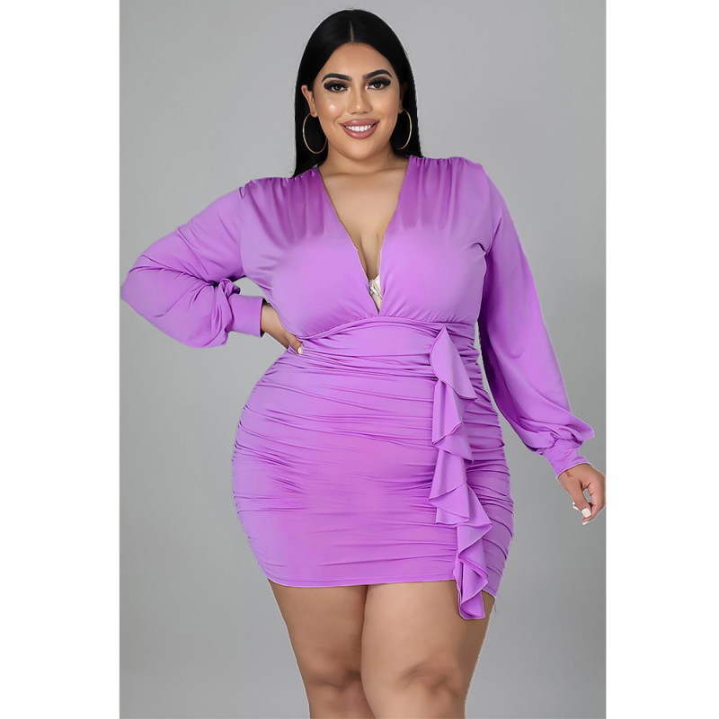 Women's solid color pleated sexy buttocks wrapped large dress