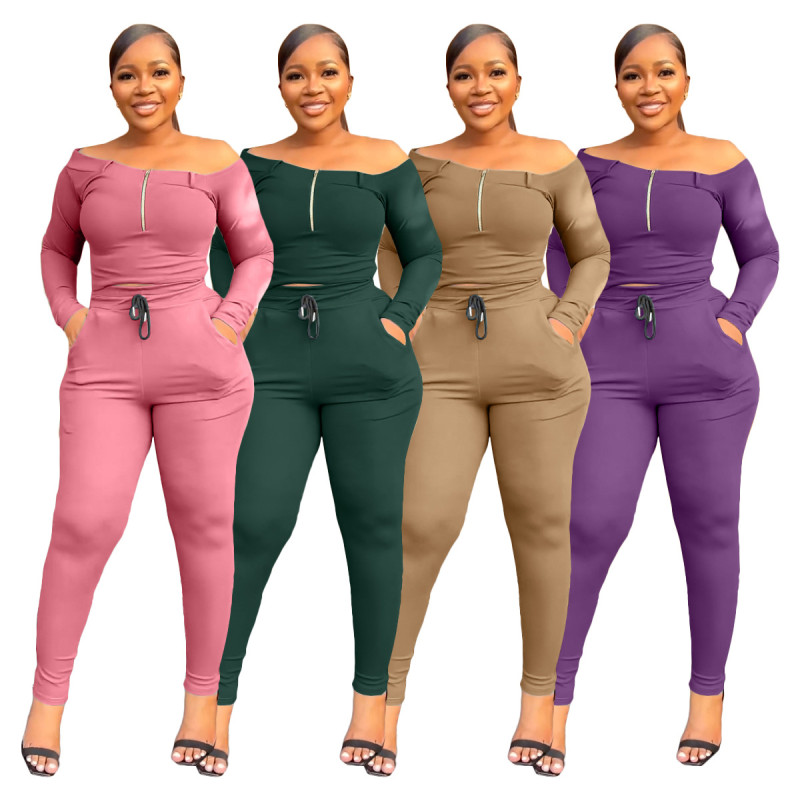 Off shoulder zippered long sleeved pants casual sports set