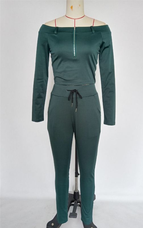 Off shoulder zippered long sleeved pants casual sports set
