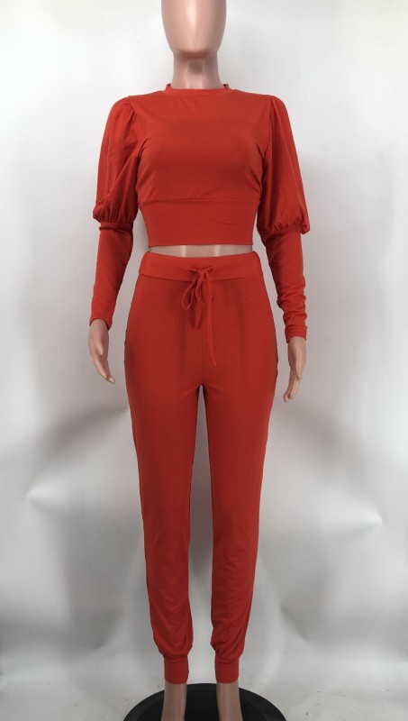 Solid color lantern sleeve sweater two-piece set