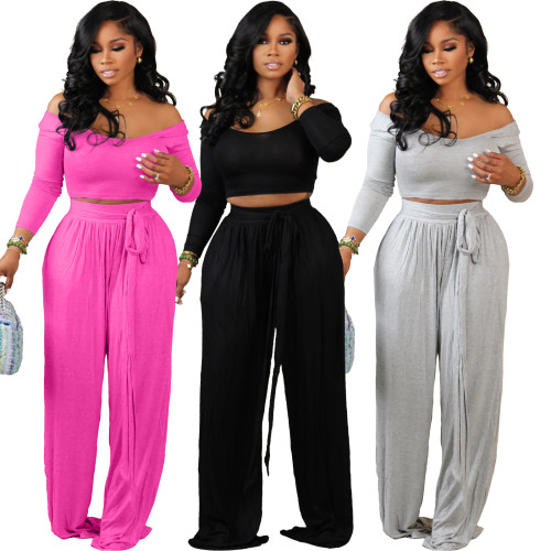 Solid color off shoulder long sleeved wide leg pants two-piece set