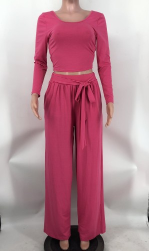 Solid color off shoulder long sleeved wide leg pants two-piece set