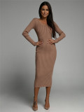 Women's V-neck Solid Knitted Mid length Dress