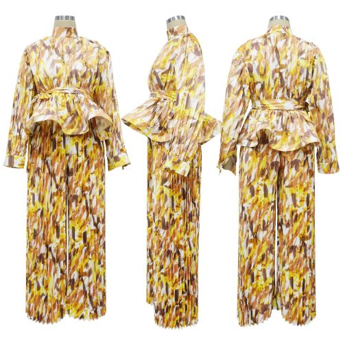 Women's lantern long sleeved wide leg pants printed casual two-piece set