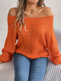 Solid color hollow out one line neck off shoulder lantern sleeve sweater