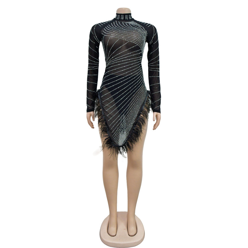 Women's solid color mesh hot diamond feather short skirt dress