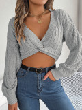 Sexy casual knotted V-neck lantern sleeves with exposed navel sweater