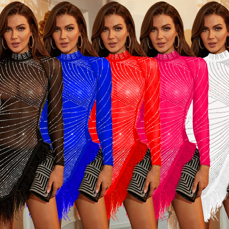 Women's solid color mesh hot diamond feather short skirt dress
