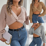 Sexy casual knotted V-neck lantern sleeves with exposed navel sweater