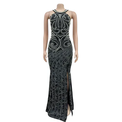 Women's solid color hot diamond split open back long dress dress