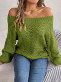 Solid color hollow out one line neck off shoulder lantern sleeve sweater