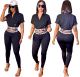 Women's fashion casual printing black two-piece set