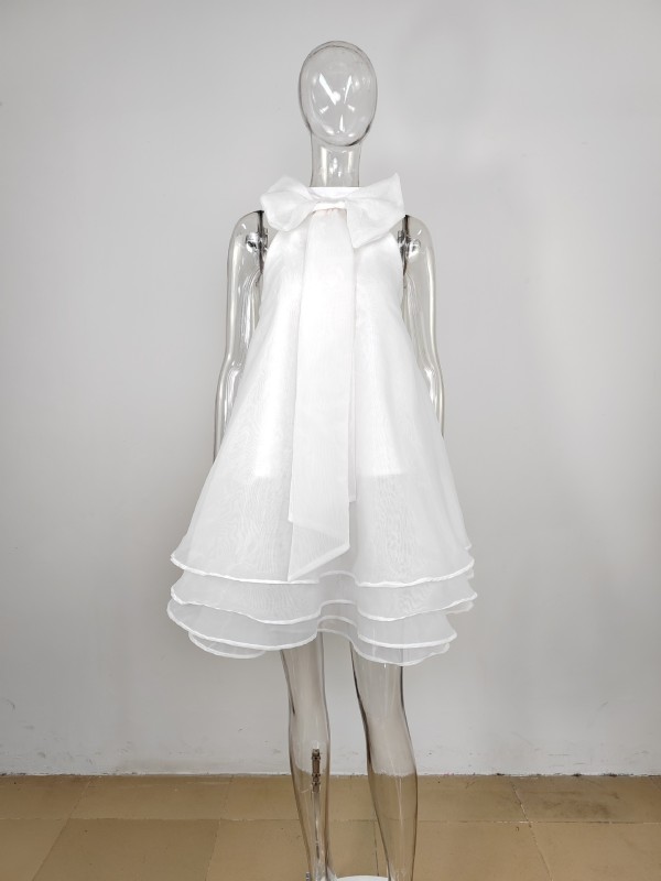 Women's solid color ruffled cake skirt vest hanging neck dress