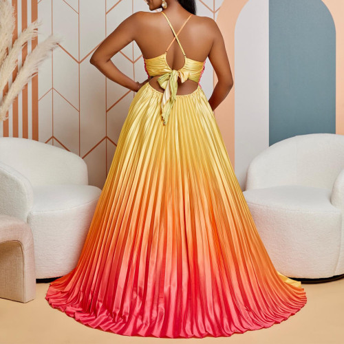 Gradient V-Neck Strap Long Dress Sexy Big Swing Prom Evening Dress