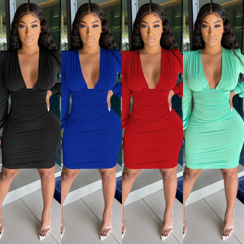 Women's Fashion Sexy Long Sleeve Solid Color Dress