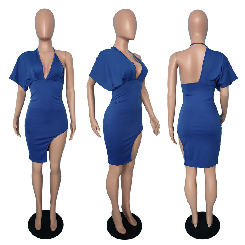 Open Back V-Neck Single Sleeve Split Women's Dress