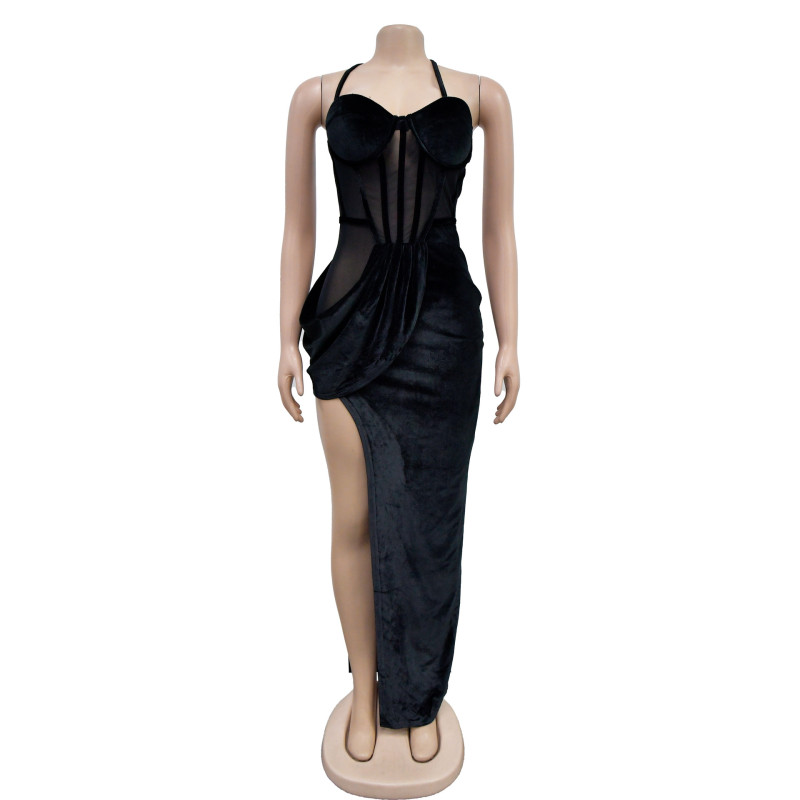Women's solid color mesh drawstring split long dress