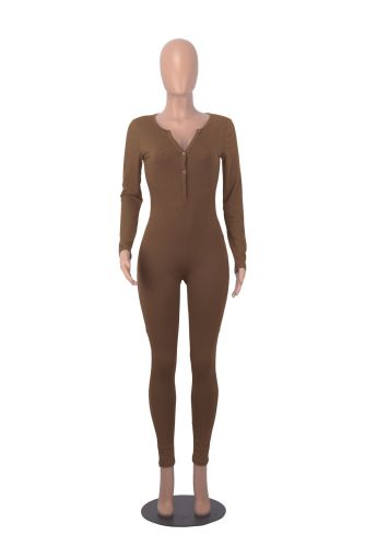 Slim fitting knitted threaded long sleeved jumpsuit