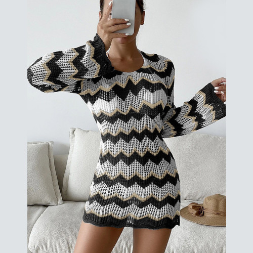 Colorblock Stripe Open Back Lace up Sexy Dress