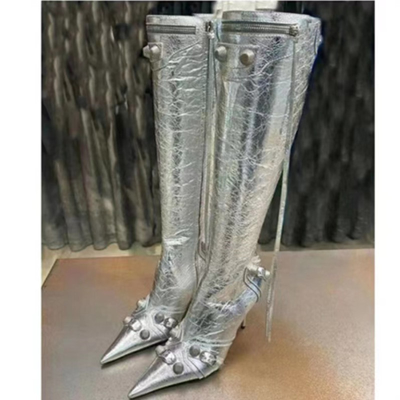 Pointed thin heeled high heeled women's boots with metal buckle high barrel tassel boots long style