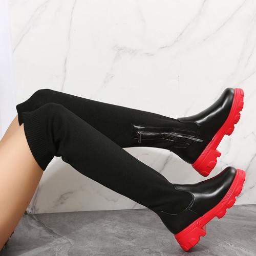 Oversized long boots, over the knee, round toe fly knit thick soled boots