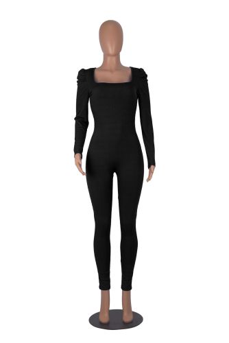 Square neck bubble sleeved long sleeved jumpsuit