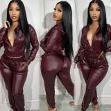 Women's suit with a hooded two-piece casual sportswear faux leather jacket