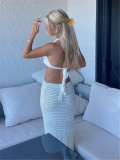 Hanging Neck Open Back Lace Knitted Long Dress