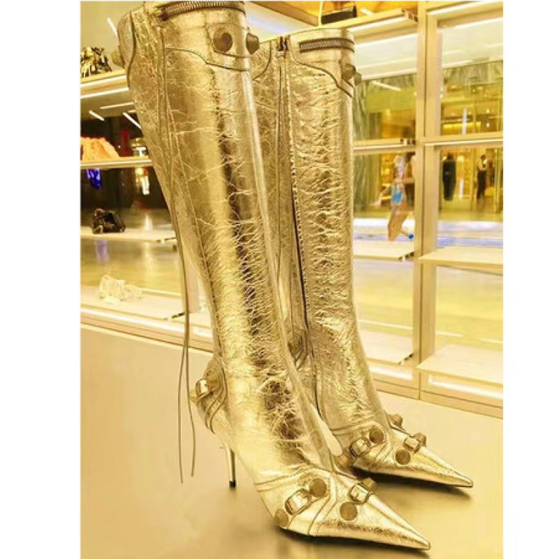 Pointed thin heeled high heeled women's boots with metal buckle high barrel tassel boots long style