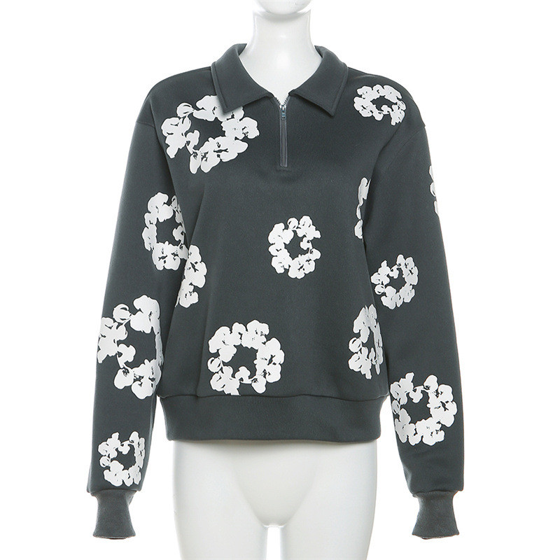 Printed contrasting lapel loose fitting sweater jacket