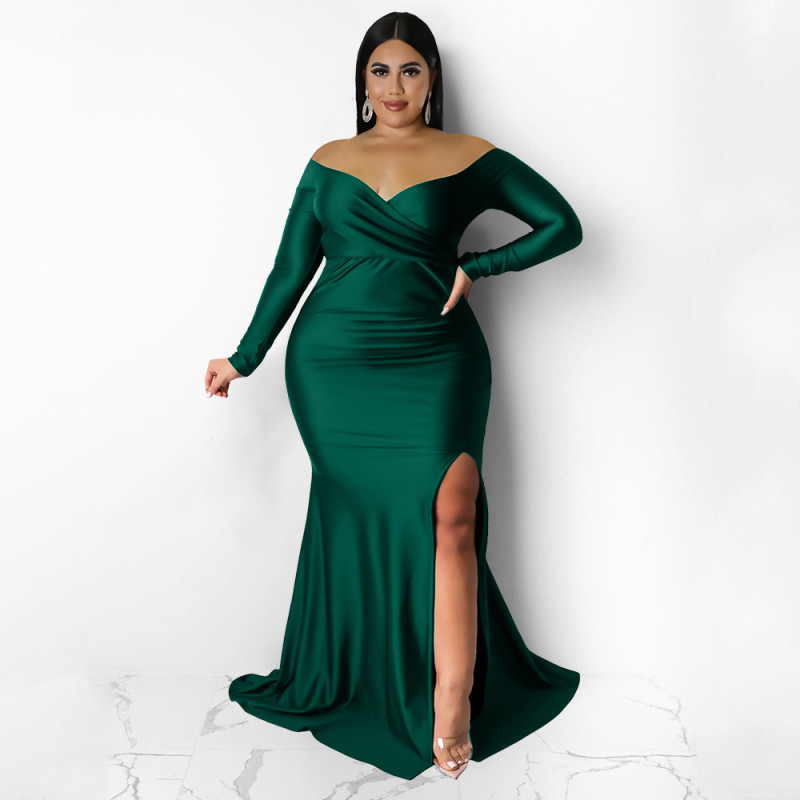 Large Women's Sexy Dress Nightclub V-Neck Gift Dress Solid Split Long Dress