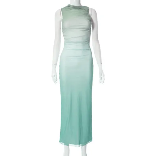 Round neck sleeveless tie dyed mesh long dress