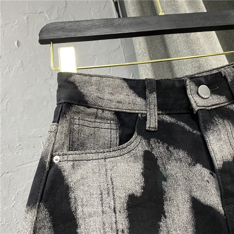 High Waist Slim Personalized Pattern Denim Skirt with Raw Edge A-line Half length Skirt