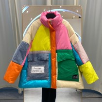 Contrast stitching standing neck down jacket for women loose fitting bread jacket with large pockets and thickened jacket