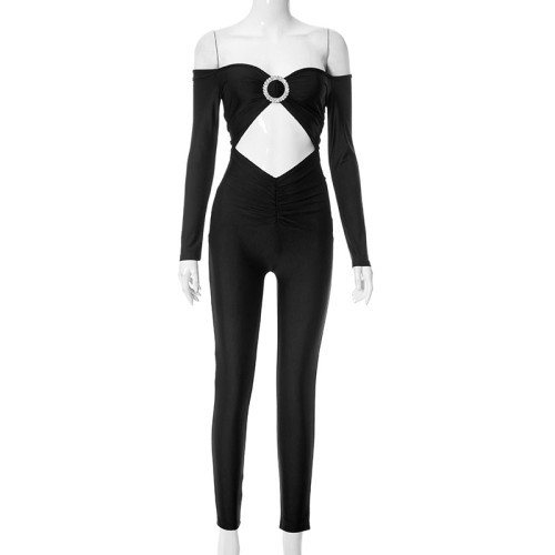 Long sleeved off shoulder hollowed out slim fitting spicy girl jumpsuit