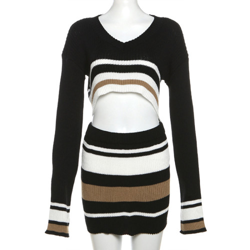 Slim Fit Open Umbilical Top High Waist Wrap Hip Striped Short Skirt Set