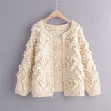 Love Hooked Flower Wool Ball Pure Handmade Stick Knitted Sweater Coat