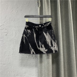 High Waist Slim Personalized Pattern Denim Skirt with Raw Edge A-line Half length Skirt